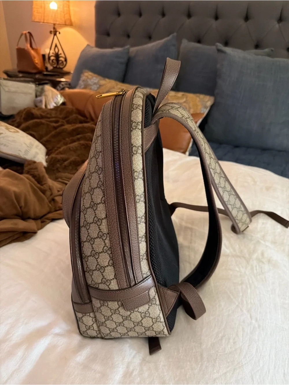 Gucci Brown GG Canvas Backpack with Green & Red Web